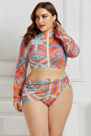 Retro Abstract Geometric Print Long Sleeve Rash Guard Set